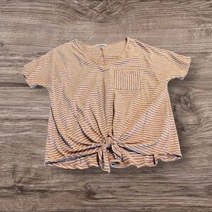 Entro Striped V-Neck Oversized Short Sleeve Knotted Top Tee